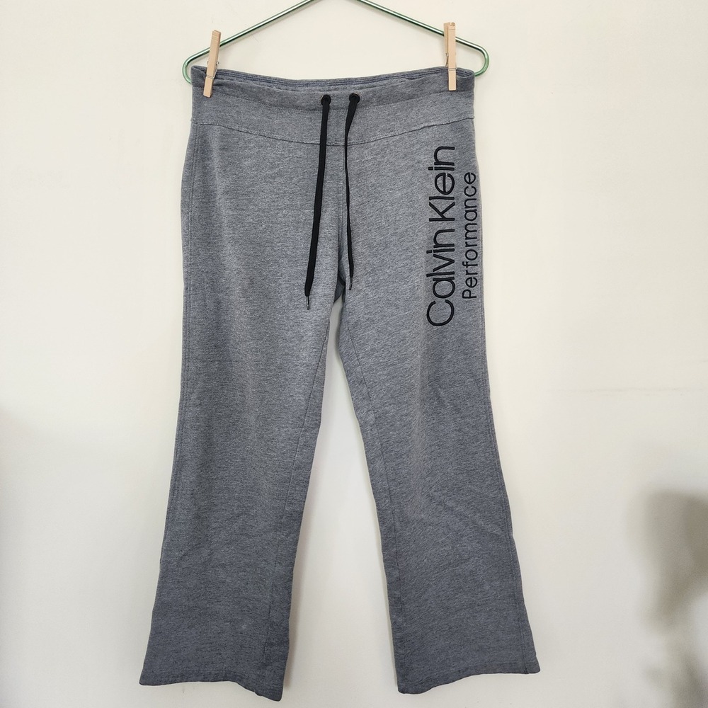 Calvin Klein Performance Gray Wide Leg Logo Sweatpants Heathered Fleece Jogger